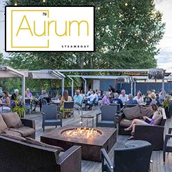 Aurum restaurant outdoor patio seating, located in Steamboat Colorado.